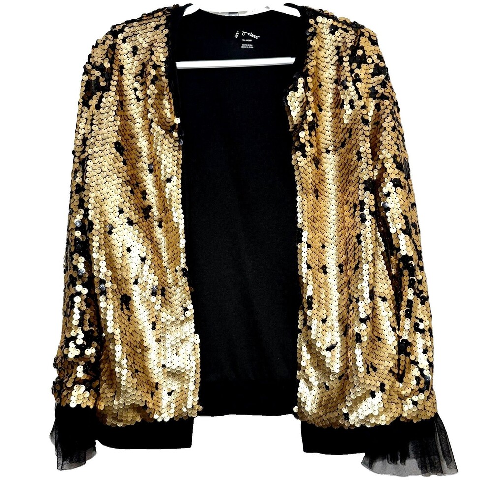 Art Class Girls XL 14/16 Gold Black Sequin Open Front Party Jacket Tulle Cuffs